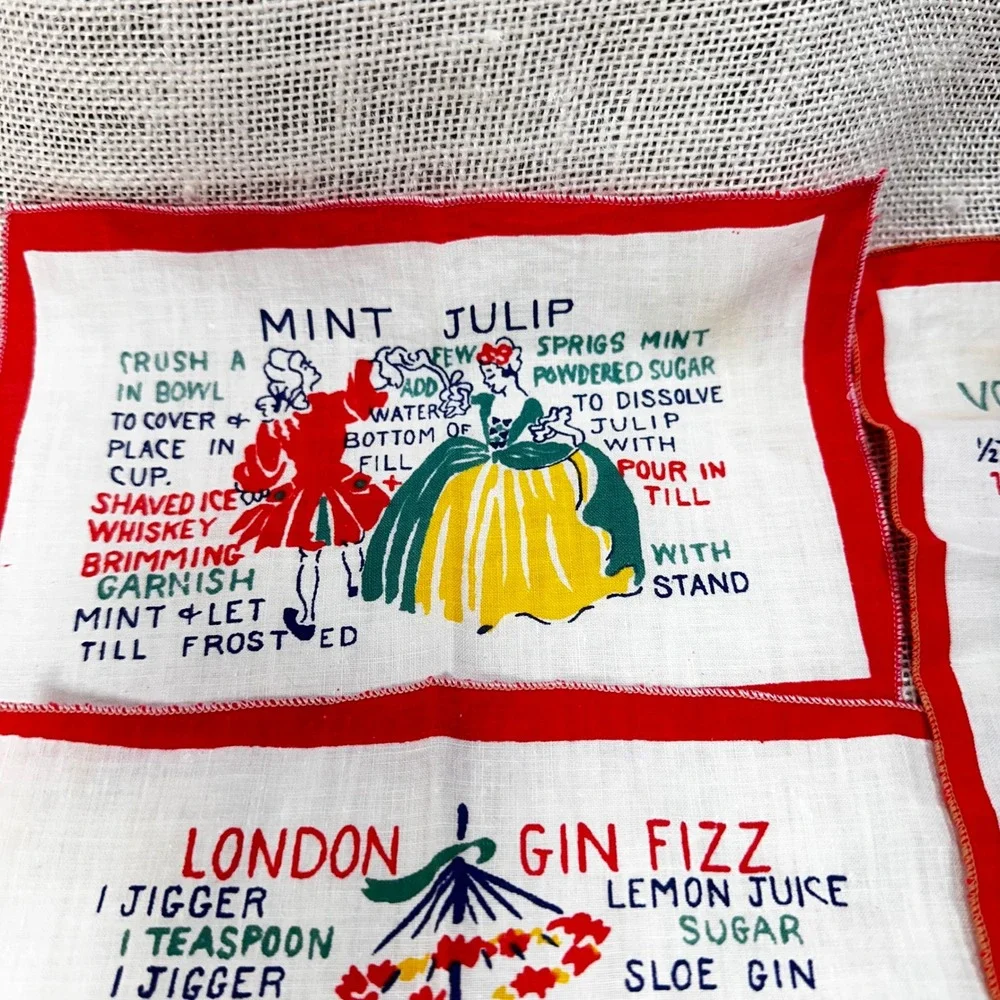 Vintage Mid Century Cocktail Napkins Set of 4 Drink Recipes Tiki Barware Red